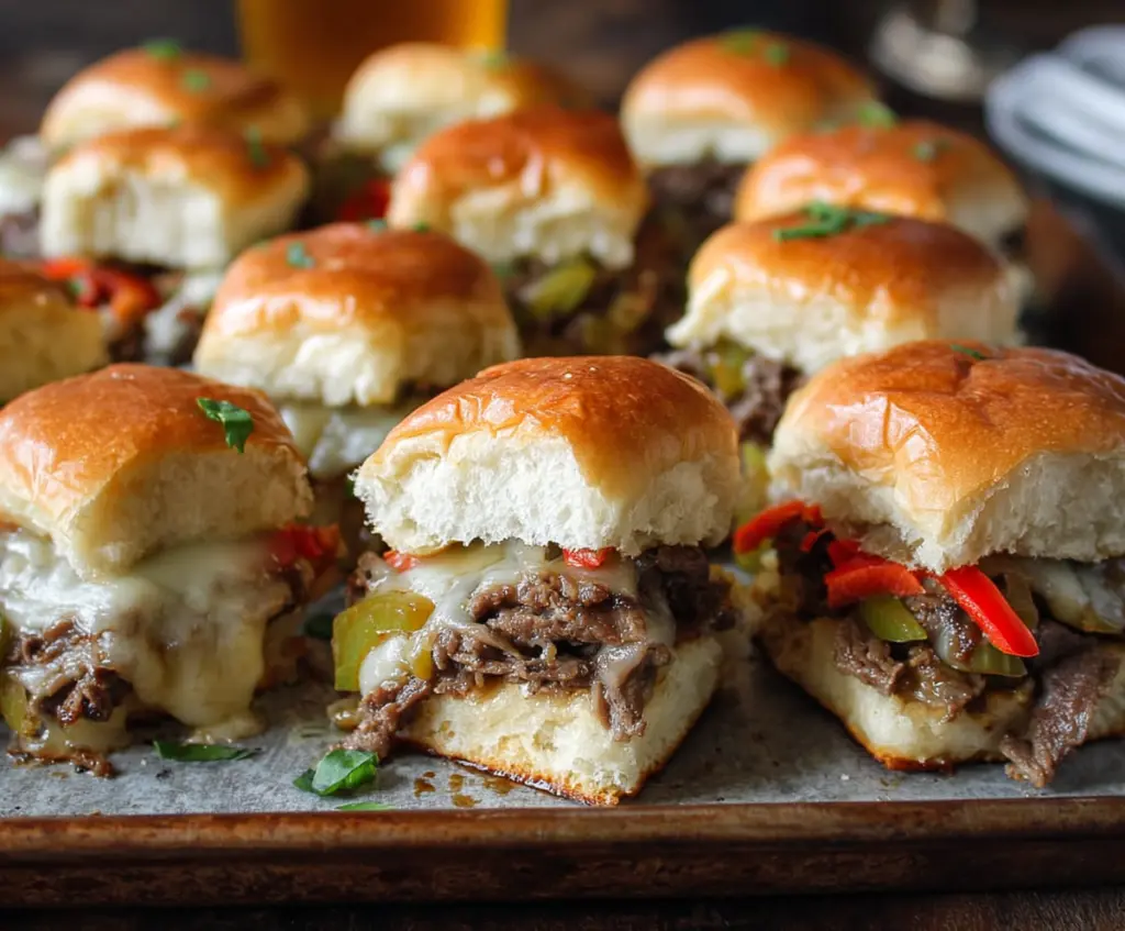 Delicious Game Day Philly Cheesesteak Sliders with melted cheese and savory beef on soft rolls