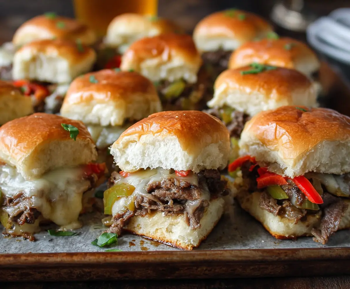 Delicious Game Day Philly Cheesesteak Sliders with melted cheese and savory beef on soft rolls