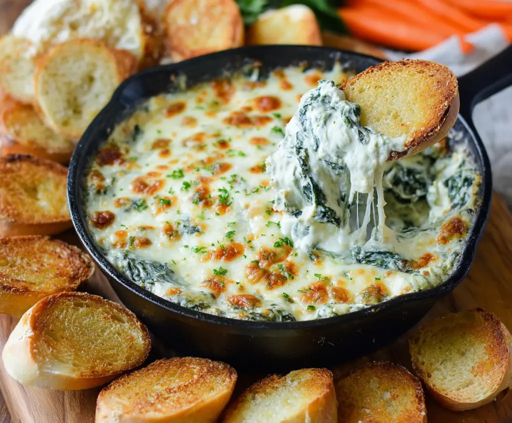 Creamy garlic Parmesan spinach dip served in a bowl, perfect for appetizer or party snack.