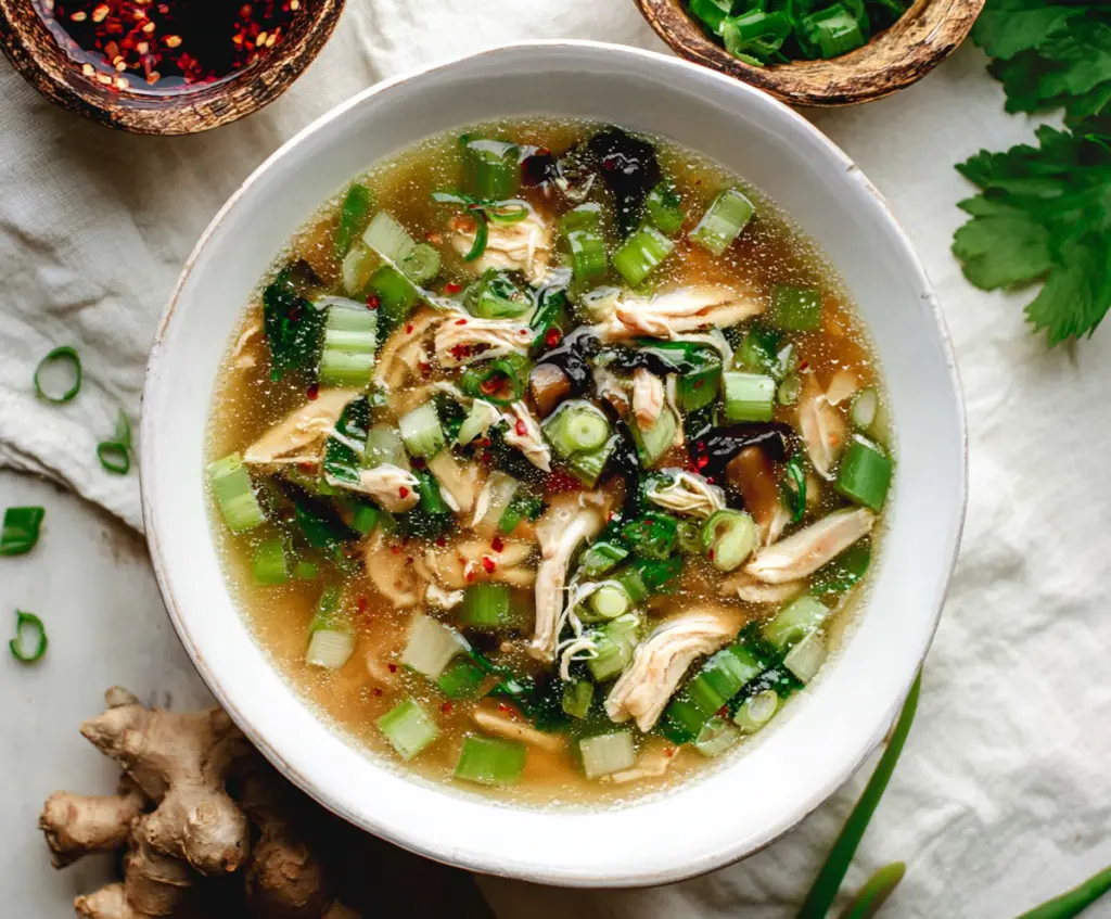 Delicious Ginger Scallion Chicken Soup in a bowl, garnished with fresh herbs, perfect for a comforting meal.