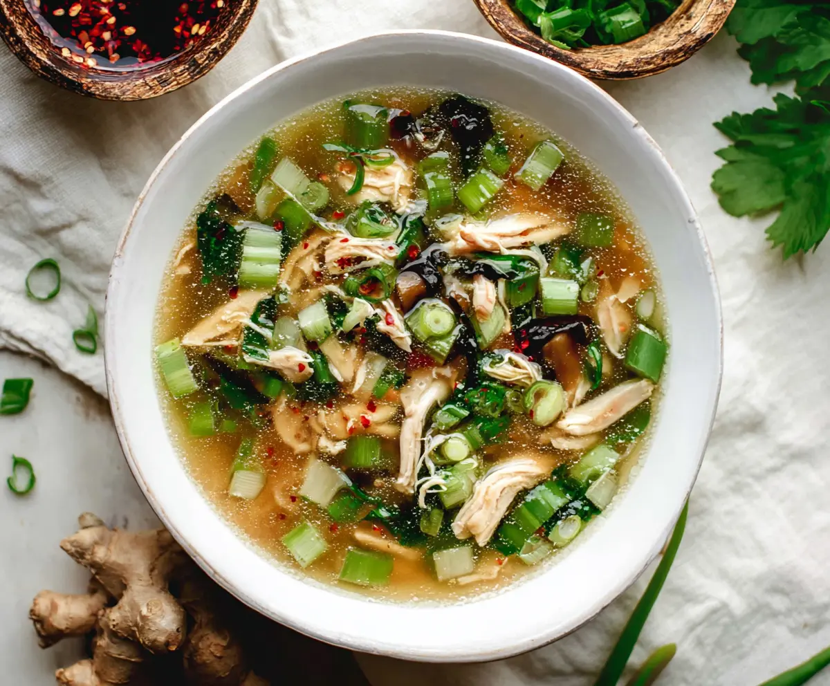 Delicious Ginger Scallion Chicken Soup in a bowl, garnished with fresh herbs, perfect for a comforting meal.