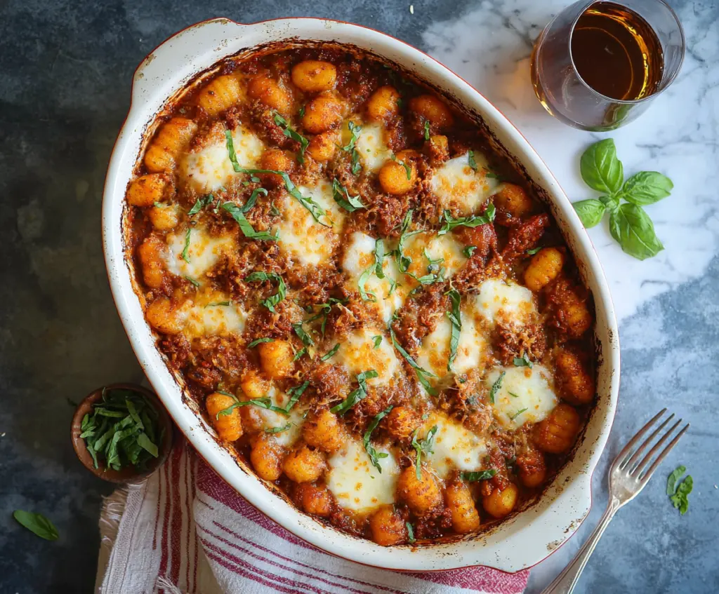 Delicious Gnocchi Pasta Bake with melted cheese and fresh herbs on top
