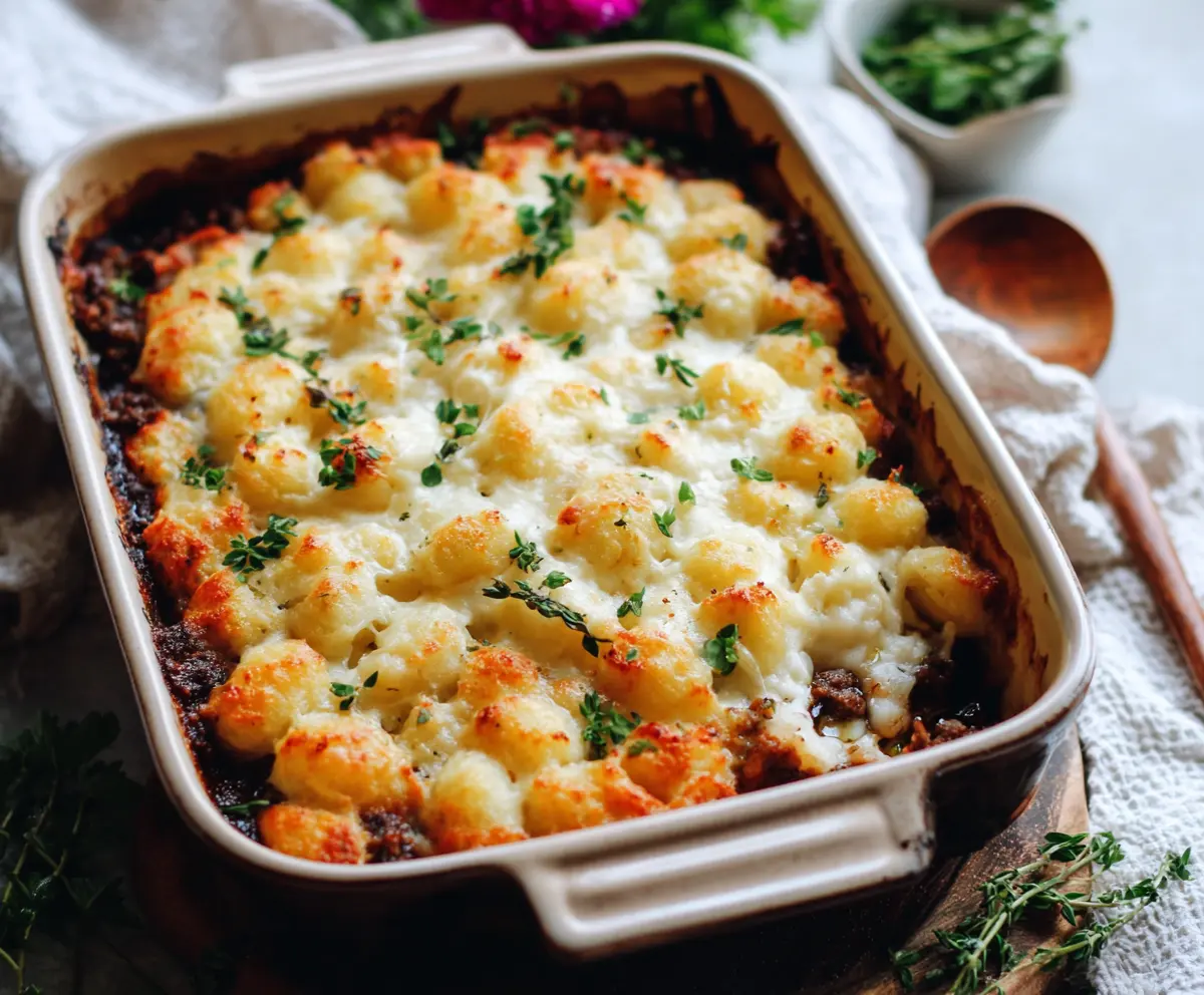Delicious Gnocchi Shepherd's Pie with golden crispy top and savory filling, perfect comfort food.