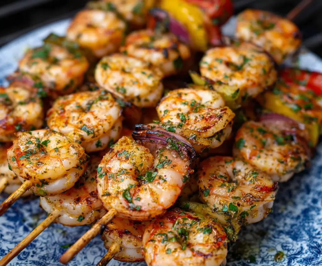 Delicious grilled shrimp kebabs with colorful vegetables on skewers ready for summer barbecue