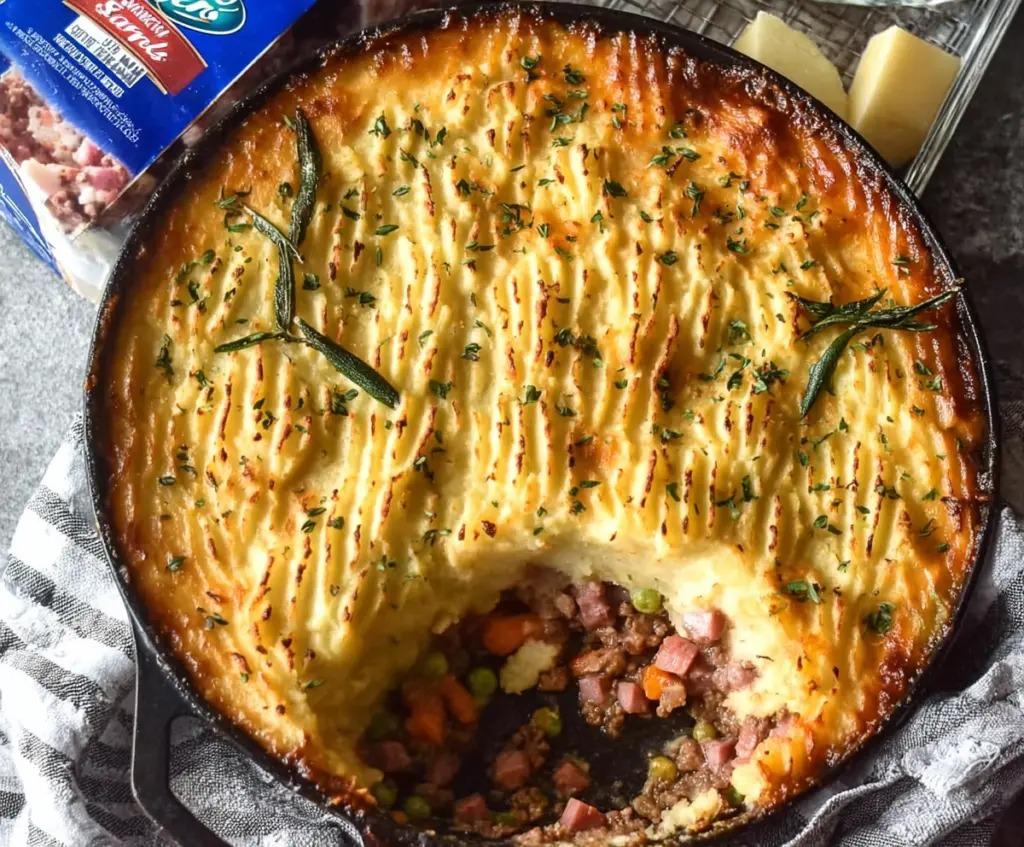 Delicious homemade Ham Shepherd's Pie with mashed potato topping and savory ham filling.