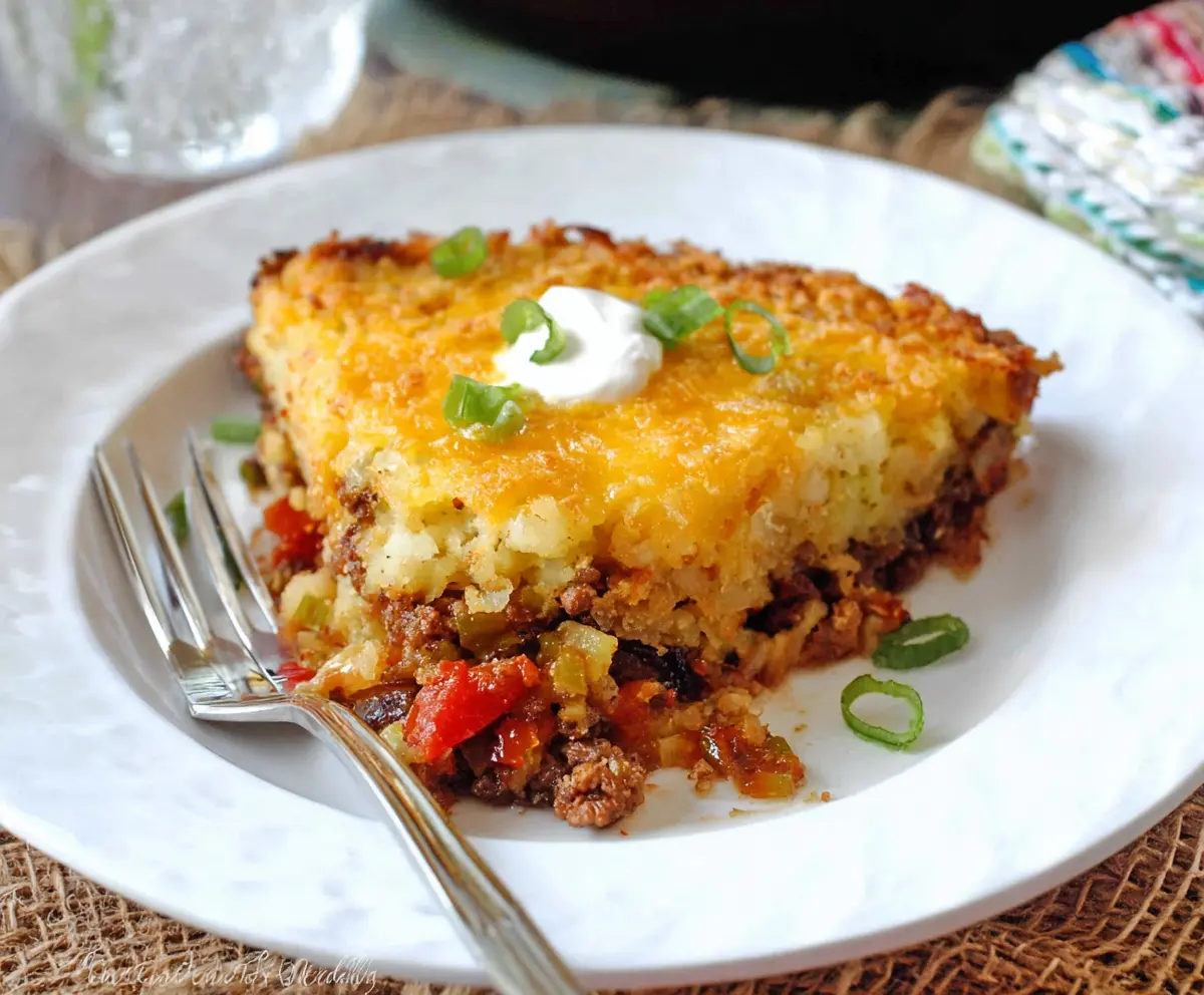 Golden hash brown topping on a savory shepherd's pie in a rustic dish.