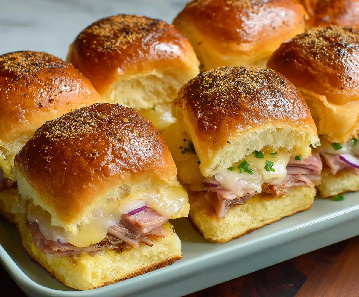 Delectable Hawaiian Roll Sliders filled with ham, cheese, and fresh vegetables on a rustic platter.