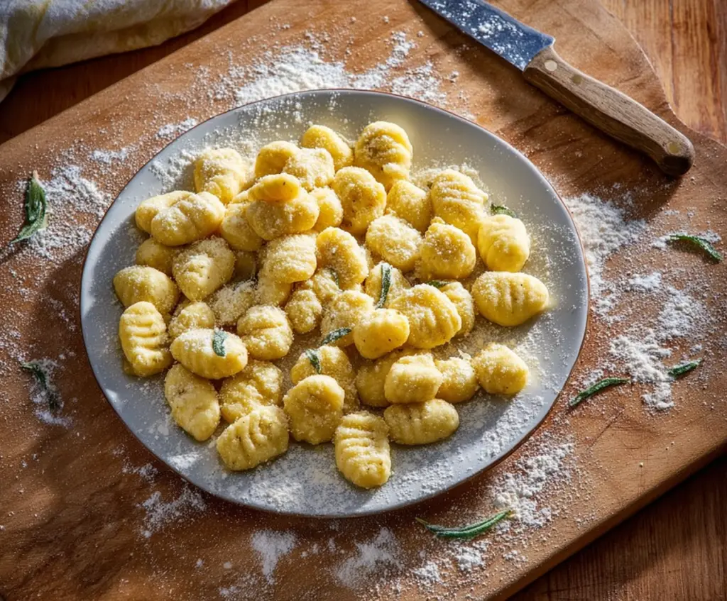 Delicious homemade potato gnocchi on a plate, showcasing soft, tender pasta with a golden-brown crust.