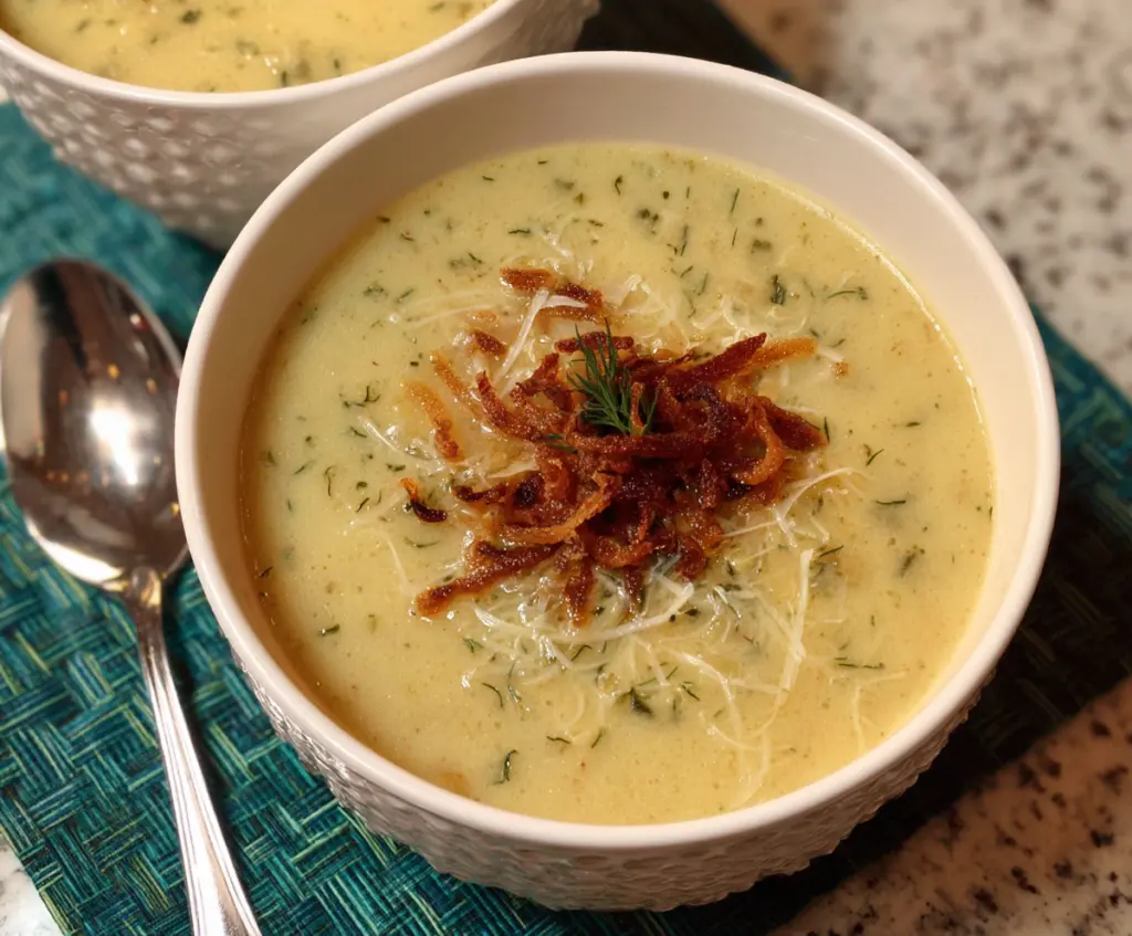 Delicious Ina Garten roasted potato and leek soup served in a bowl, garnished with herbs.