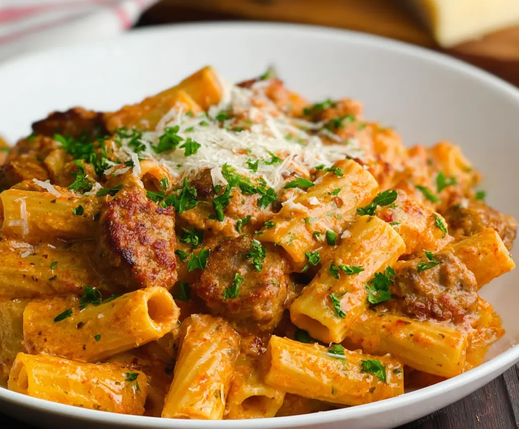 Creamy sausage pasta cooked in an Instant Pot with rich sauce and herbs.