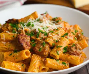 Creamy sausage pasta cooked in an Instant Pot with rich sauce and herbs.
