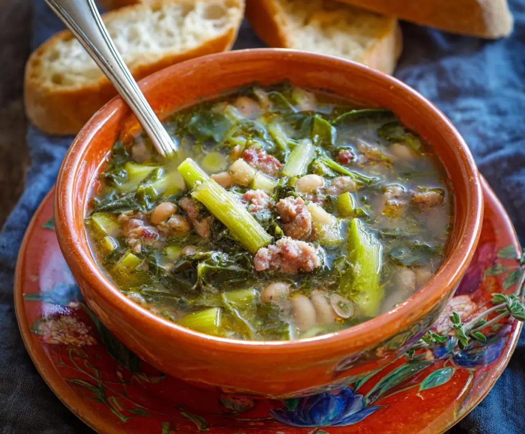 Delicious Italian Spring Soup from Tuscany with fresh vegetables and herbs.