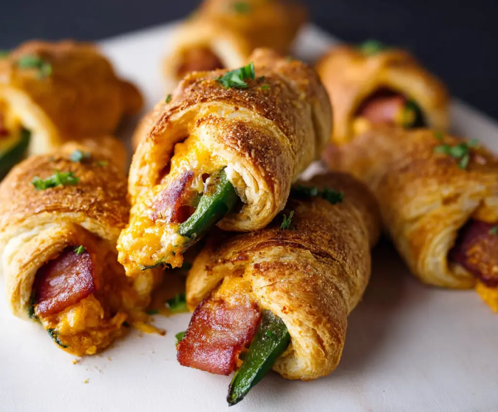 Delicious jalapeño popper pigs in a blanket featuring crispy pastry, melted cheese, and spicy jalapeños.