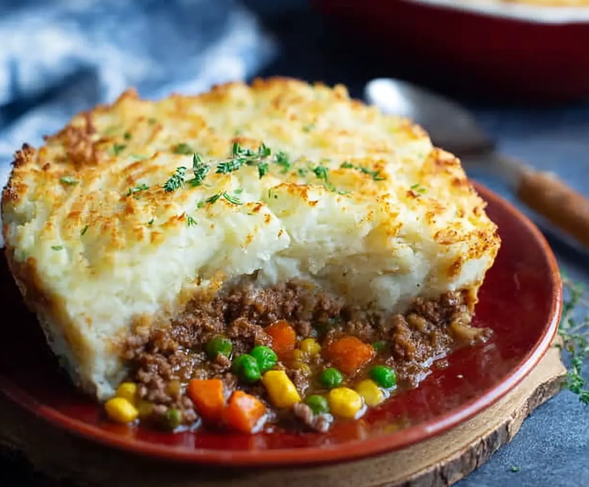 Delicious homemade lamb shepherd's pie with mashed potato topping and rich meat filling