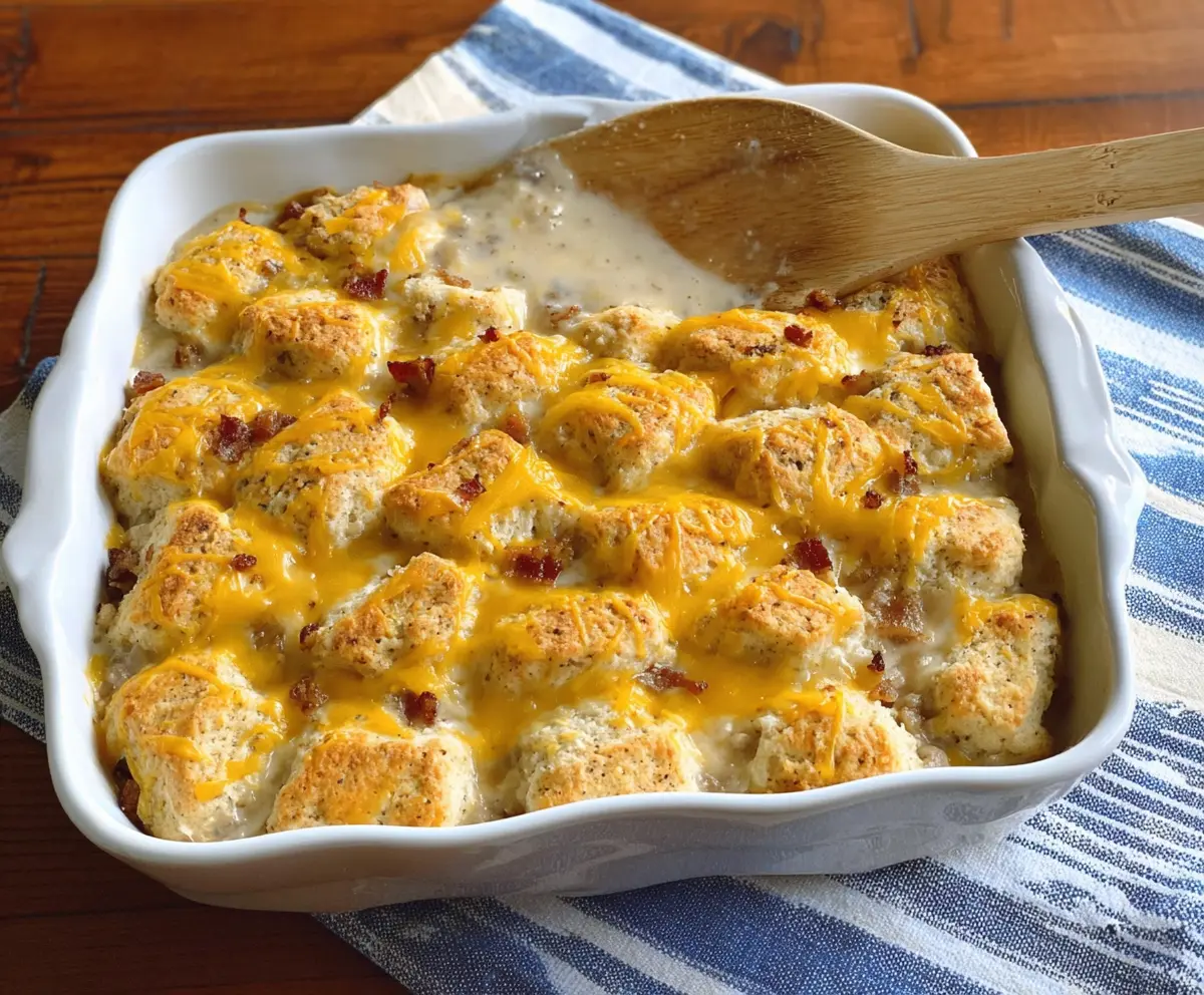 Delicious Lazy Biscuits Breakfast Casserole with eggs, cheese, and biscuits baked to perfection.