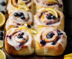 Delicious lemon blueberry rolls with a glossy glaze on top, served on a white plate.