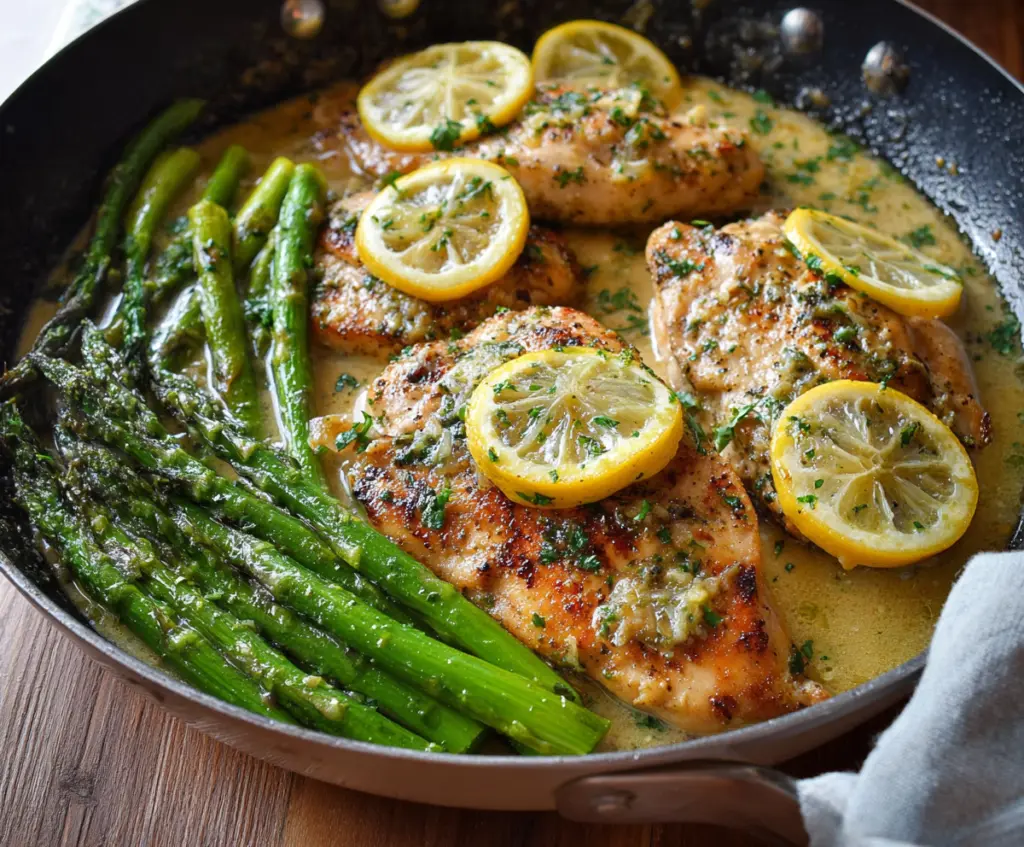 Succulent Lemon Butter Garlic Chicken served with fresh asparagus, perfect for a flavorful dinner.