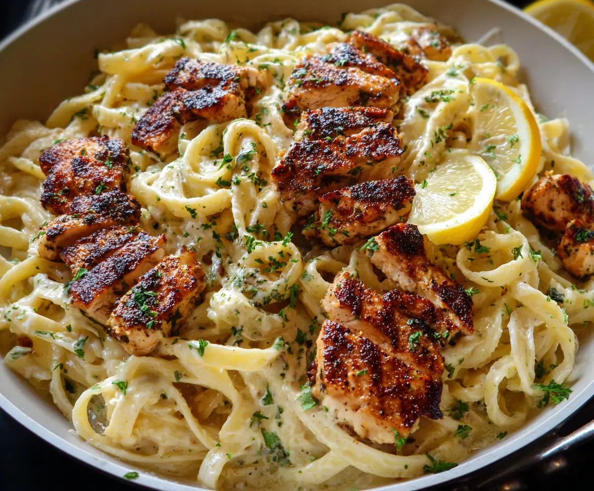 Delicious Lemon Chicken Pasta with fresh lemon slices and herbs on a white plate