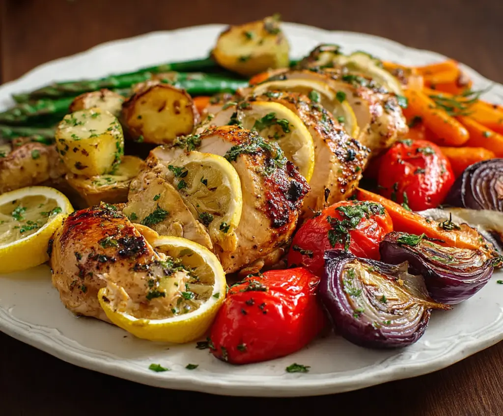 Delicious Lemon Herb Chicken served with colorful roasted vegetables on a white plate.