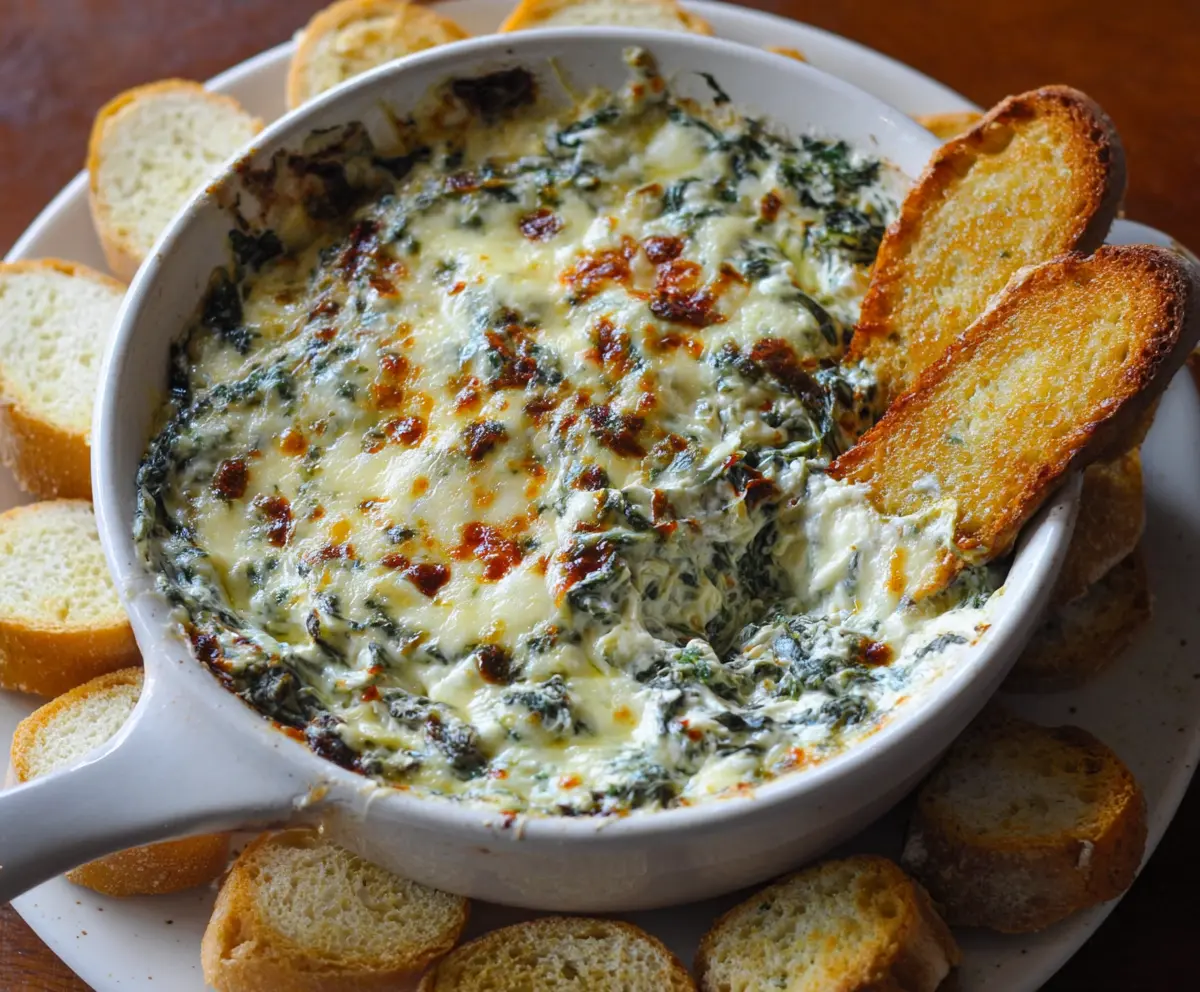 Creamy spinach dip served at Longhorn Steakhouse, perfect for sharing at parties.