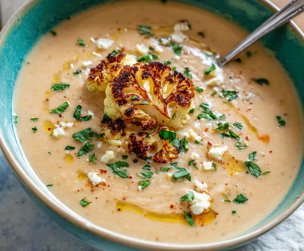 Creamy Mediterranean cauliflower soup garnished with fresh herbs in a white bowl.