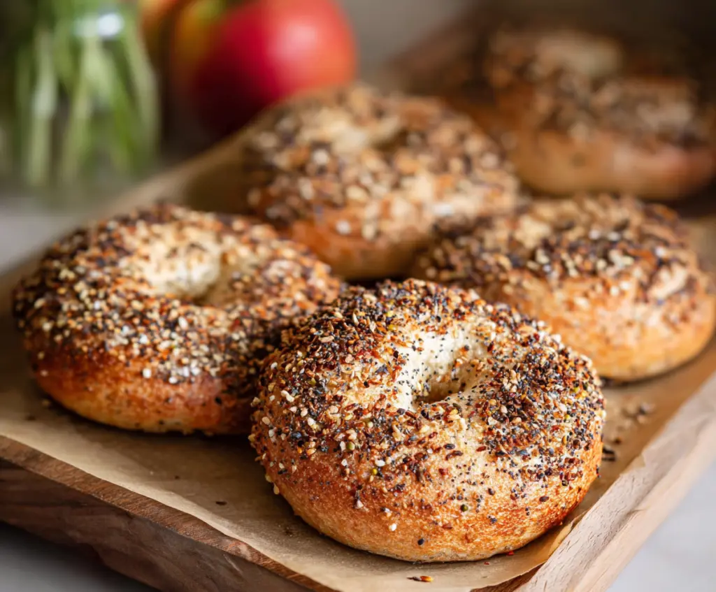 Delicious overnight sourdough bagels freshly baked with golden crust and chewy interior.