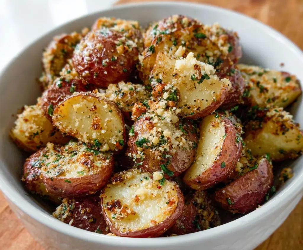 Close-up of golden roasted Parmesan garlic butter red potatoes garnished with fresh herbs.