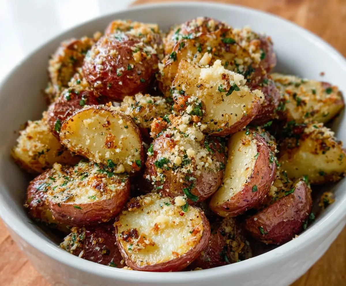 Close-up of golden roasted Parmesan garlic butter red potatoes garnished with fresh herbs.
