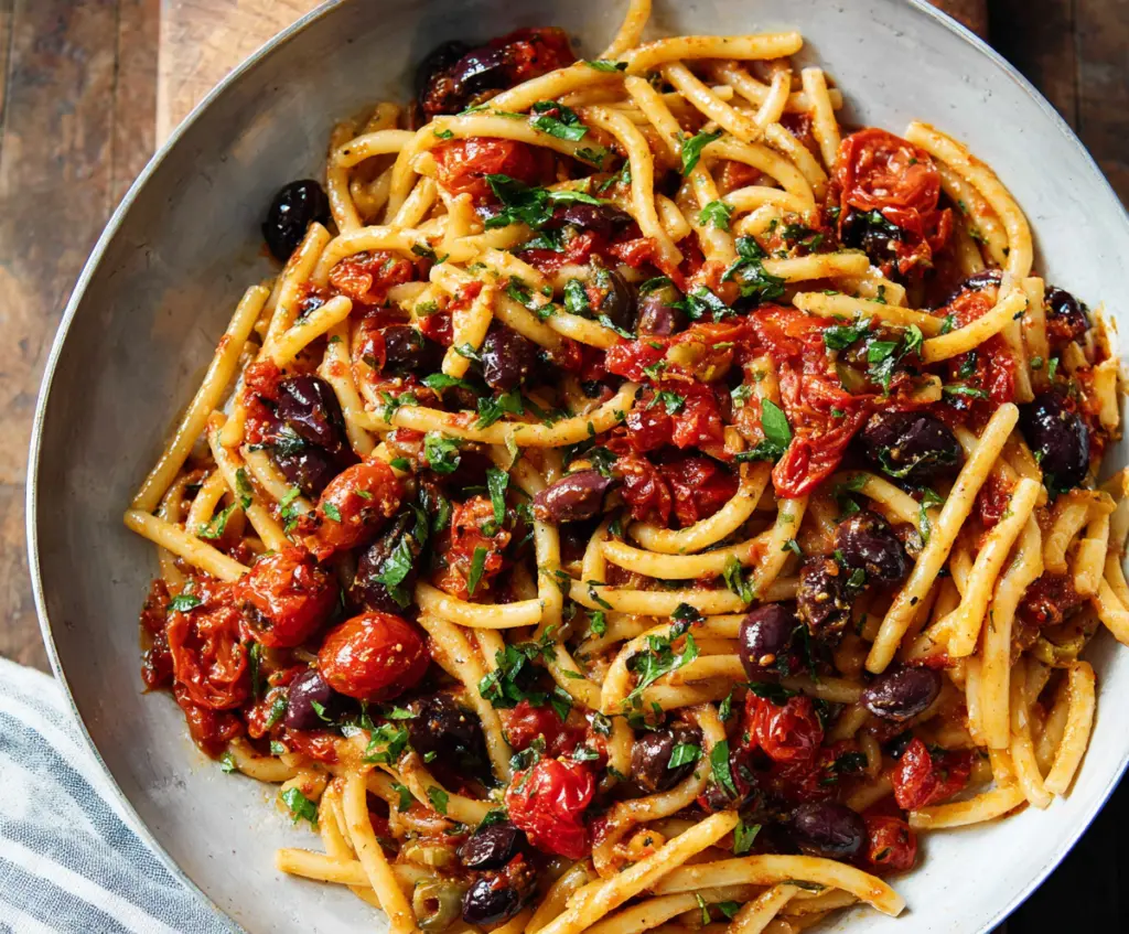 Delicious homemade Pasta Puttanesca with olives, capers, and tomatoes on a rustic plate.