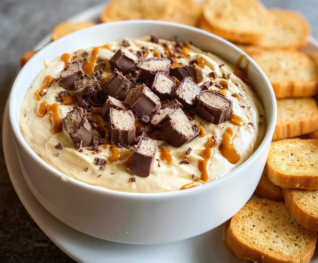 Creamy peanut butter cheesecake dip served with graham crackers for a delicious dessert
