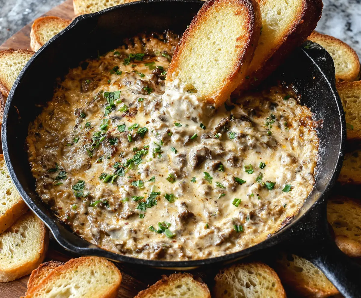 Creamy Philly Cheesesteak Dip with melted cheese, sliced steak, and peppers in a bowl.