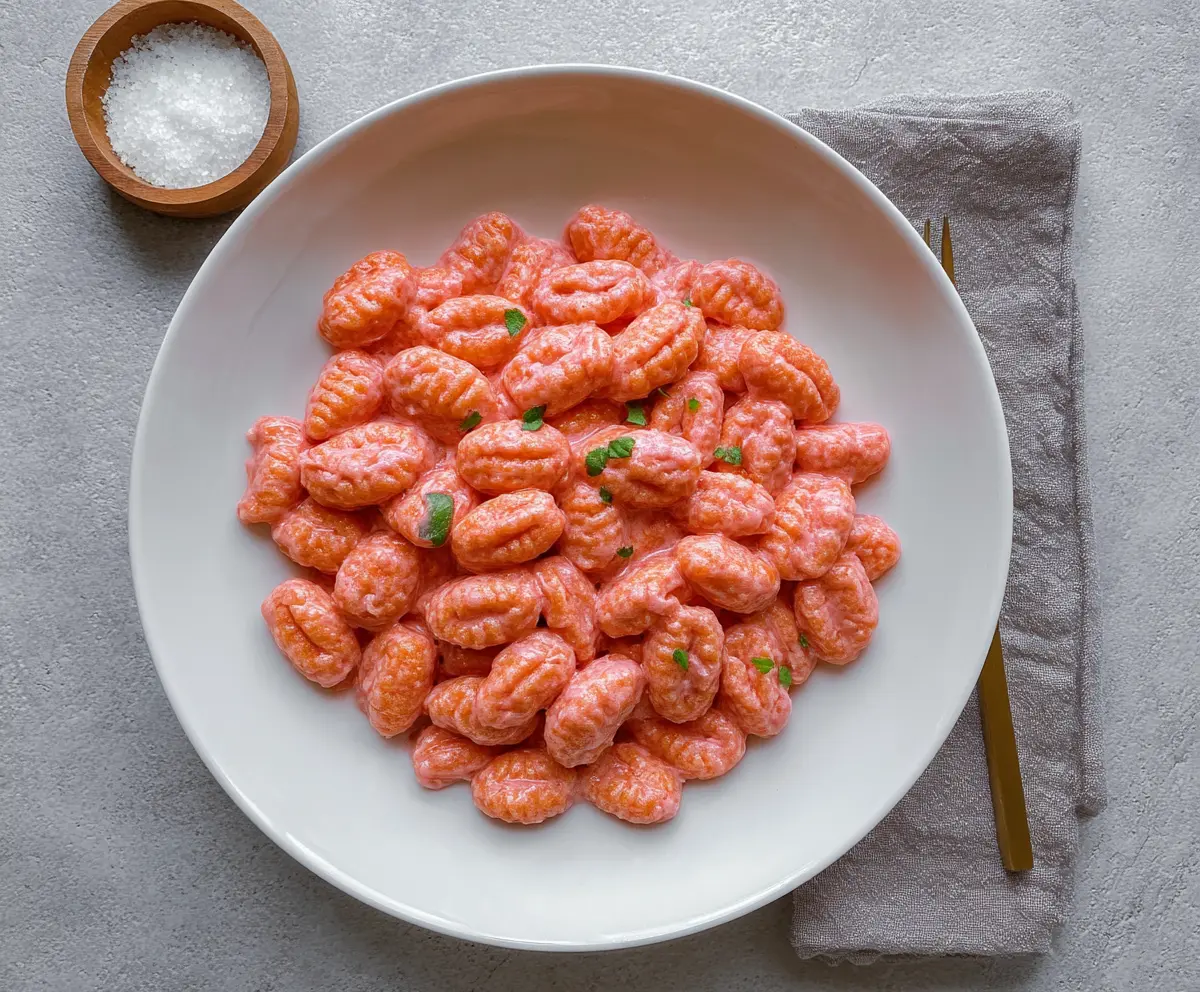 Vibrant pink gnocchi dish garnished with fresh herbs on a white plate.