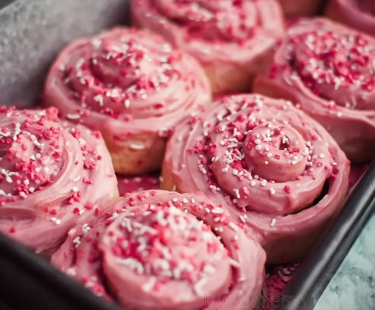 Delicious pink velvet cinnamon roll topped with cream cheese frosting, perfect for breakfast or brunch.