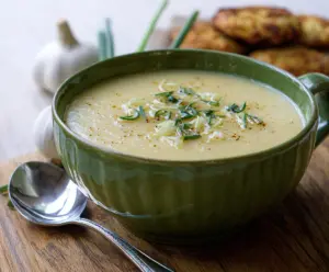 Creamy roasted garlic potato leek soup served in a bowl, garnished with fresh herbs.