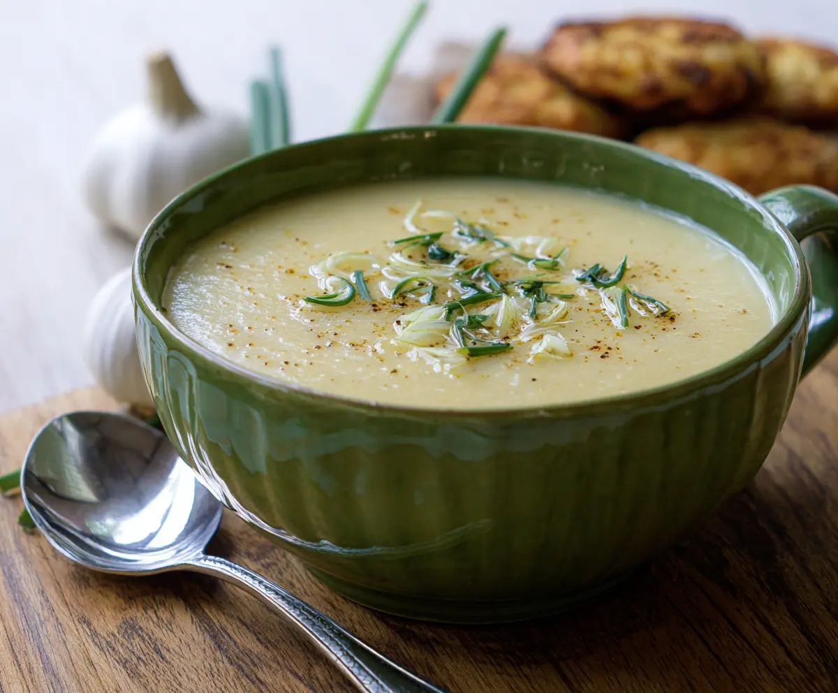 Creamy roasted garlic potato leek soup served in a bowl, garnished with fresh herbs.