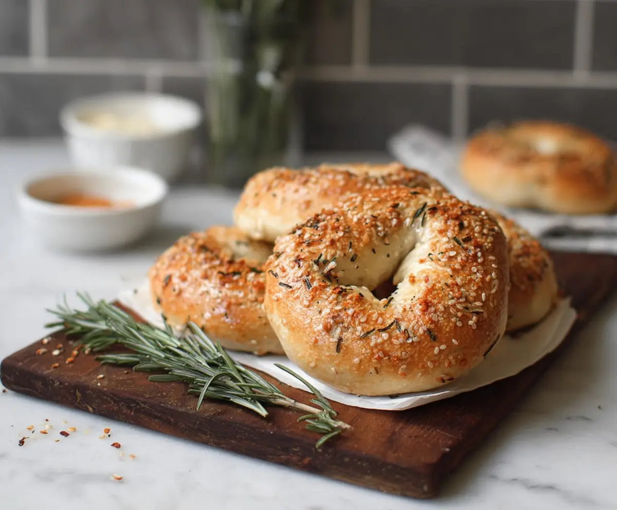 Delicious homemade rosemary bagels with fresh herbs and a golden crust.