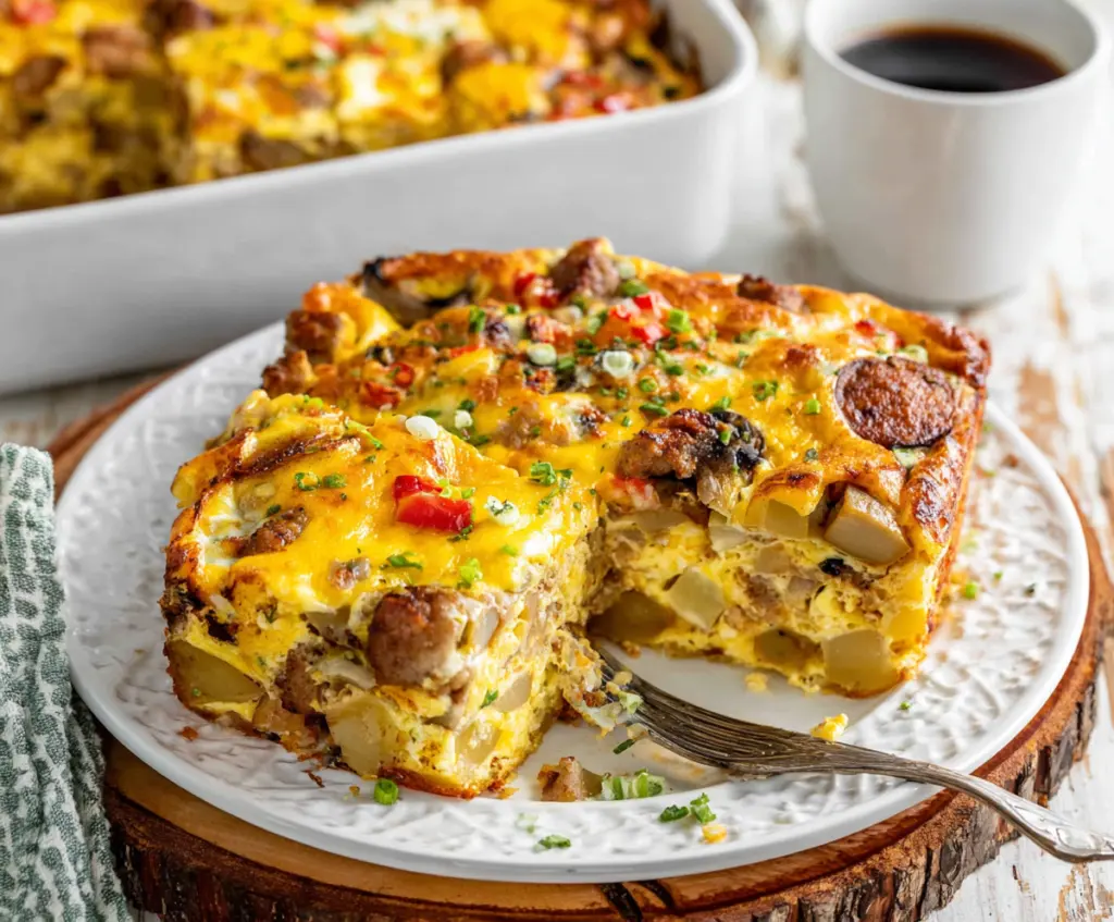 Delicious sausage, egg, and potato breakfast casserole in a baking dish.
