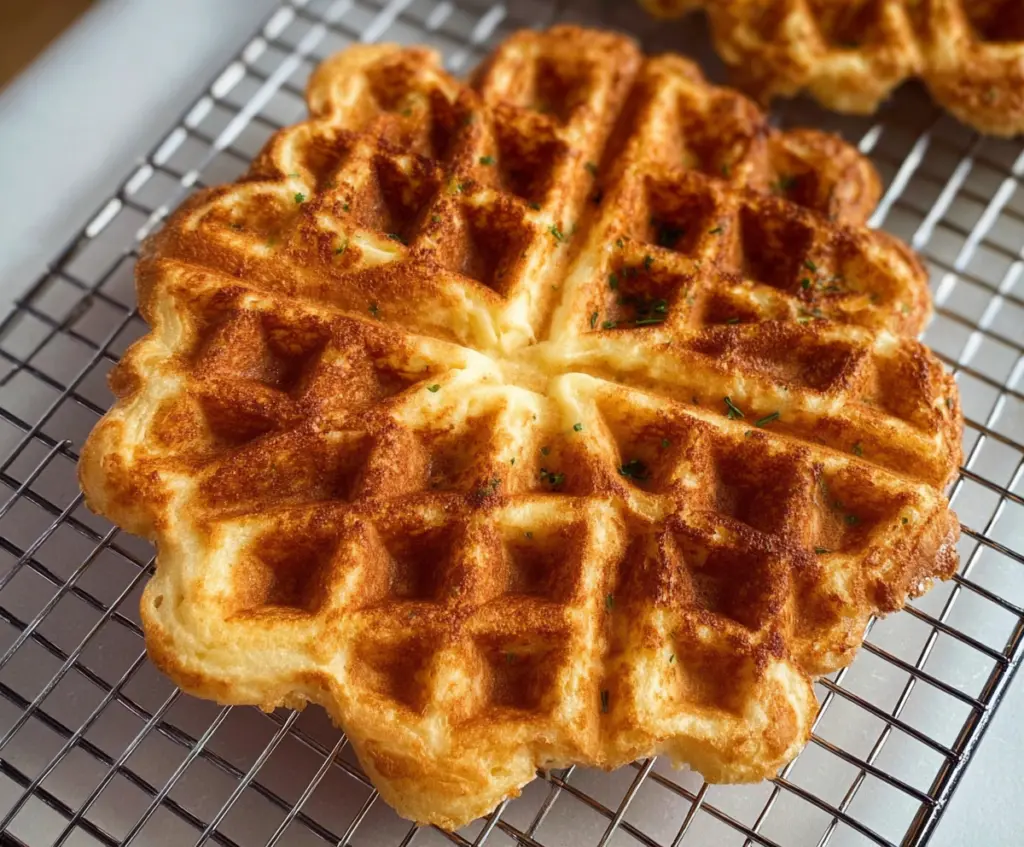 Savory sourdough cheese waffles on a plate, perfect for brunch or snack time.