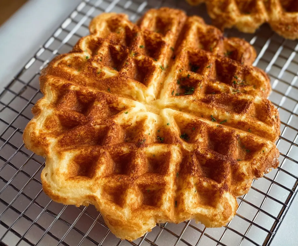 Savory sourdough cheese waffles on a plate, perfect for brunch or snack time.