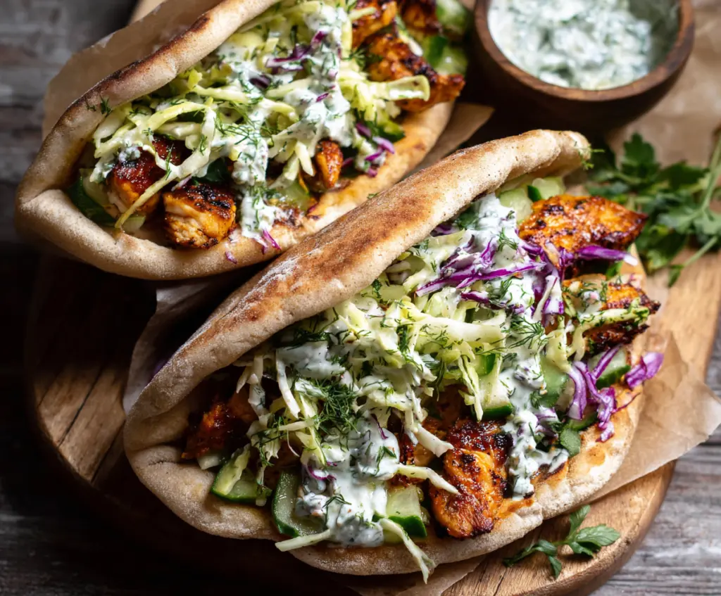 Delicious sheet pan chicken pitas topped with fresh herb ranch slaw served on a wooden table