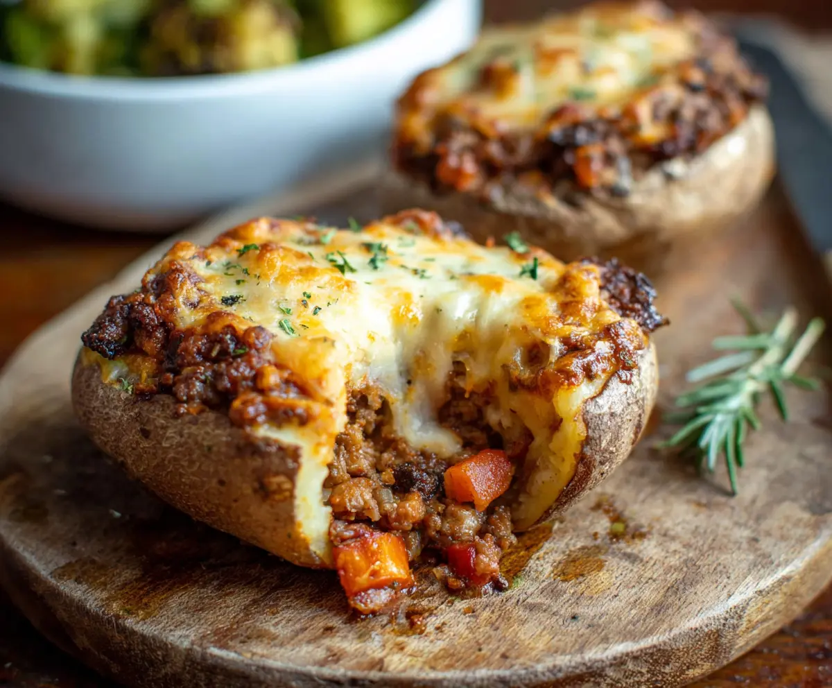 Delicious Shepherd's Pie Baked Potatoes topped with cheese and fresh herbs.