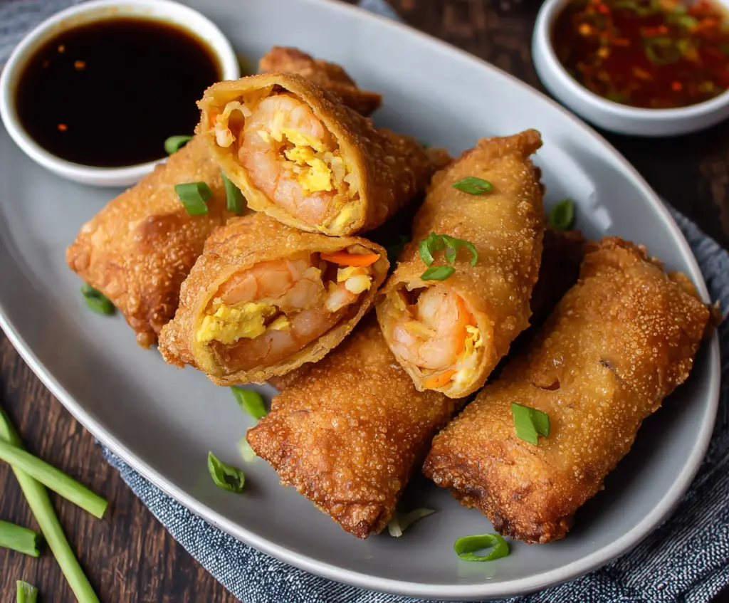 Crispy shrimp egg rolls served with dipping sauce on a white plate