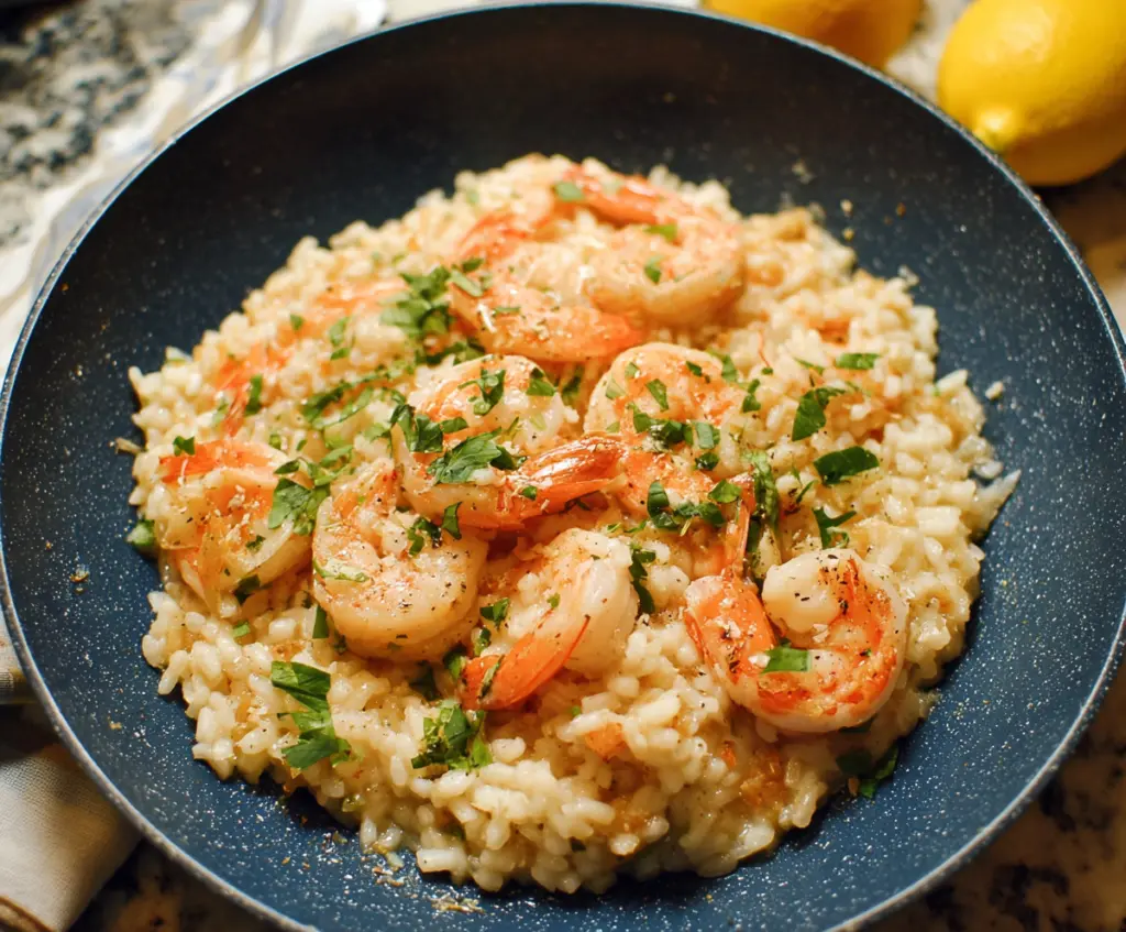 Delicious shrimp risotto garnished with fresh herbs on a white plate