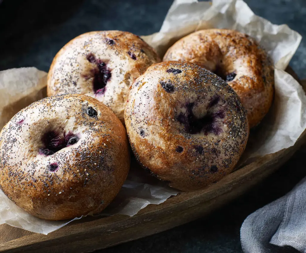 Delicious homemade sourdough blueberry bagels on a rustic wooden table.