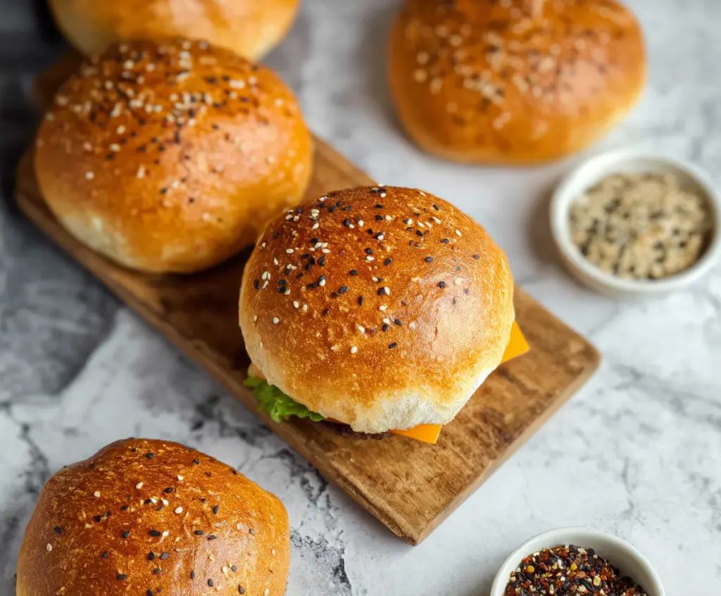 Homemade sourdough discard hamburger buns on a wooden surface, fresh and golden brown.