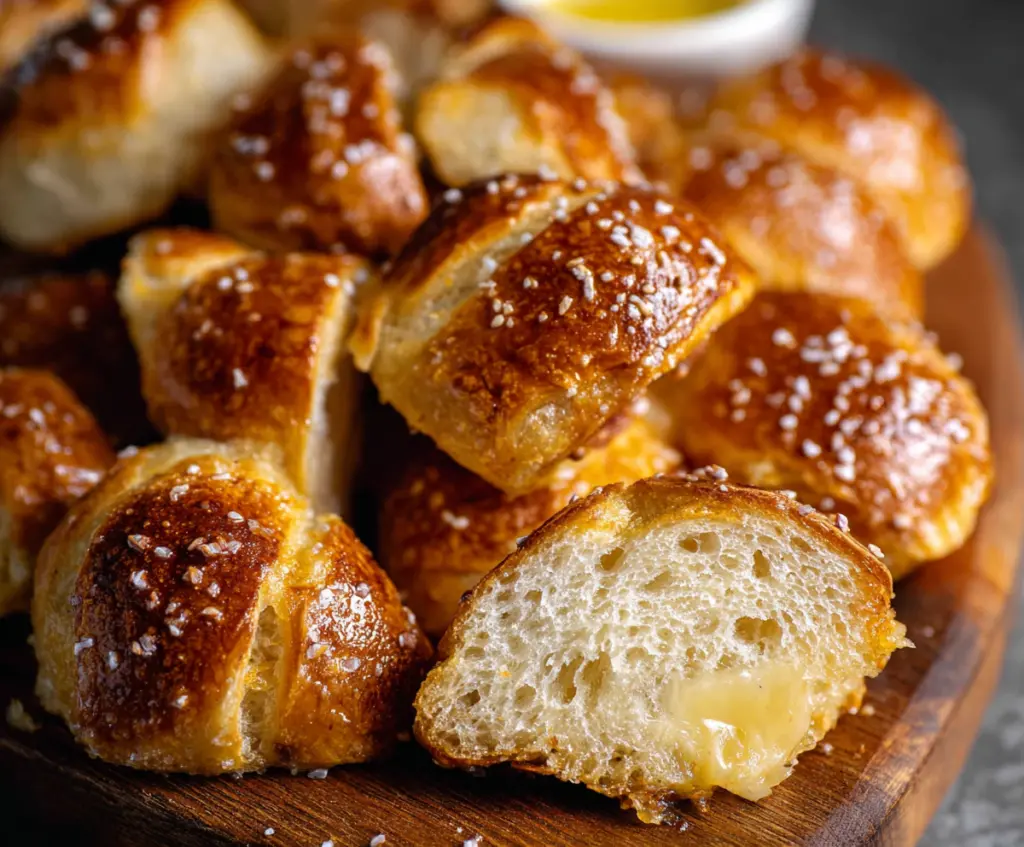 Golden baked sourdough discard pretzel bites served with salt on a rustic plate.