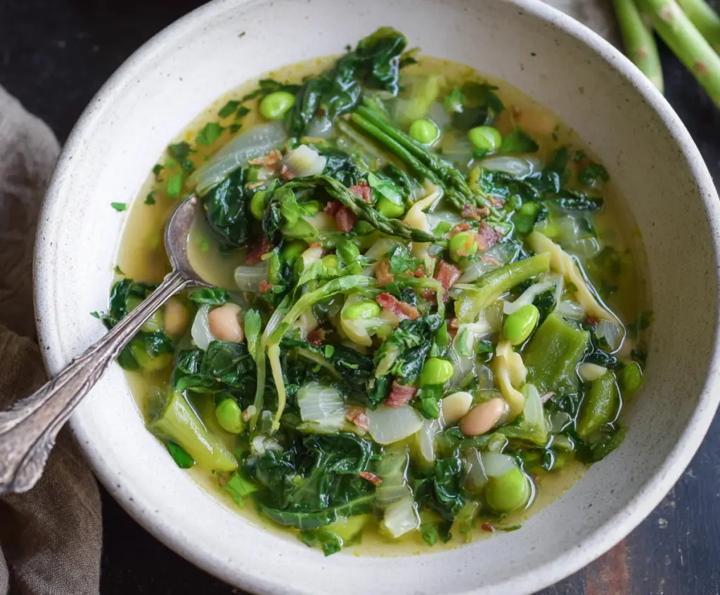 Fresh spring green minestrone soup with vegetables in a bowl, vibrant and healthy meal.