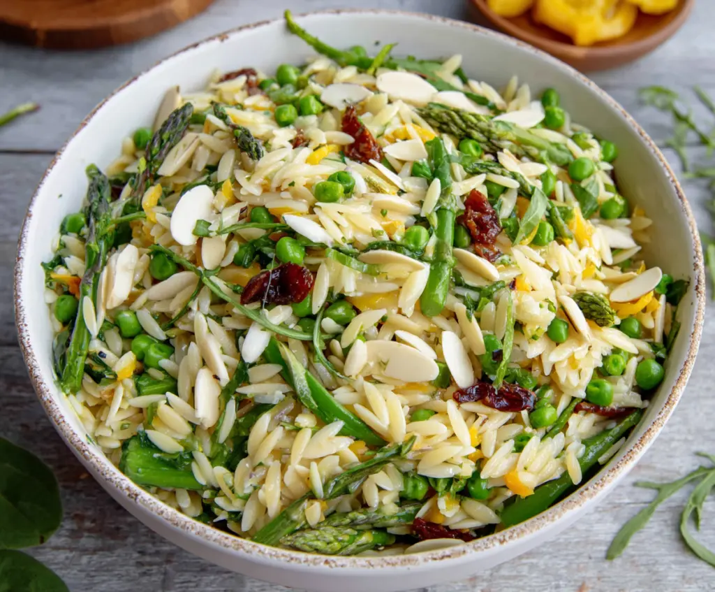 Fresh spring orzo pasta salad with colorful vegetables and herbs in a light vinaigrette.