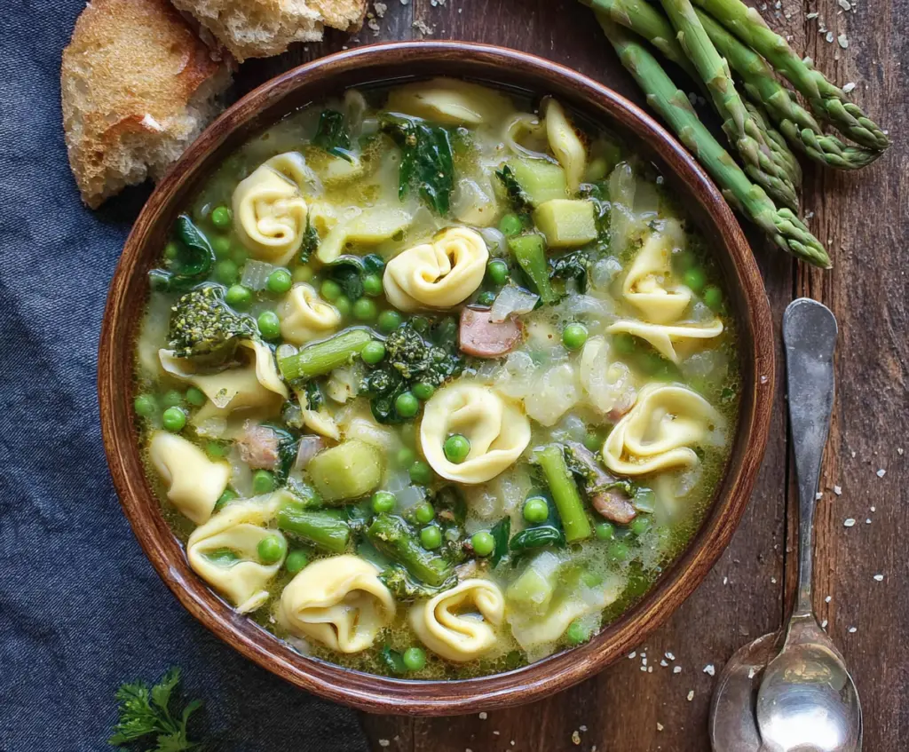 Delicious Spring Tortellini Soup with fresh peas and asparagus in a bowl.
