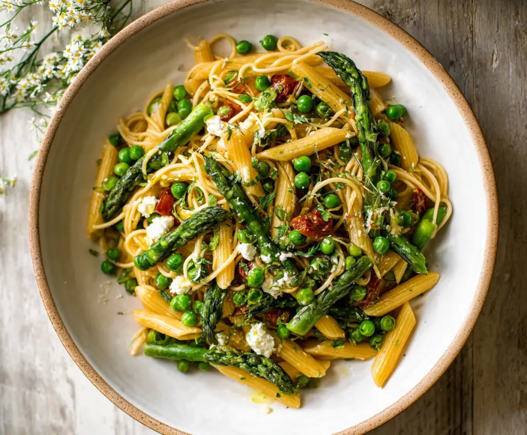 Colorful spring vegetable pasta with fresh garden vegetables and herbs on a white plate.